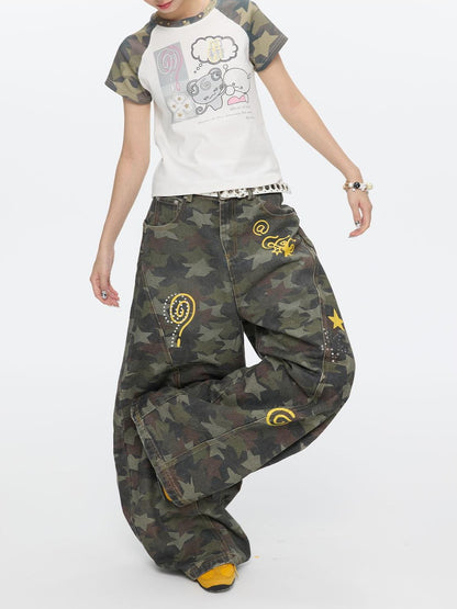 BETWEENAND Star Hotfix Rhinestone Camouflage Curved Blade Loose Women&