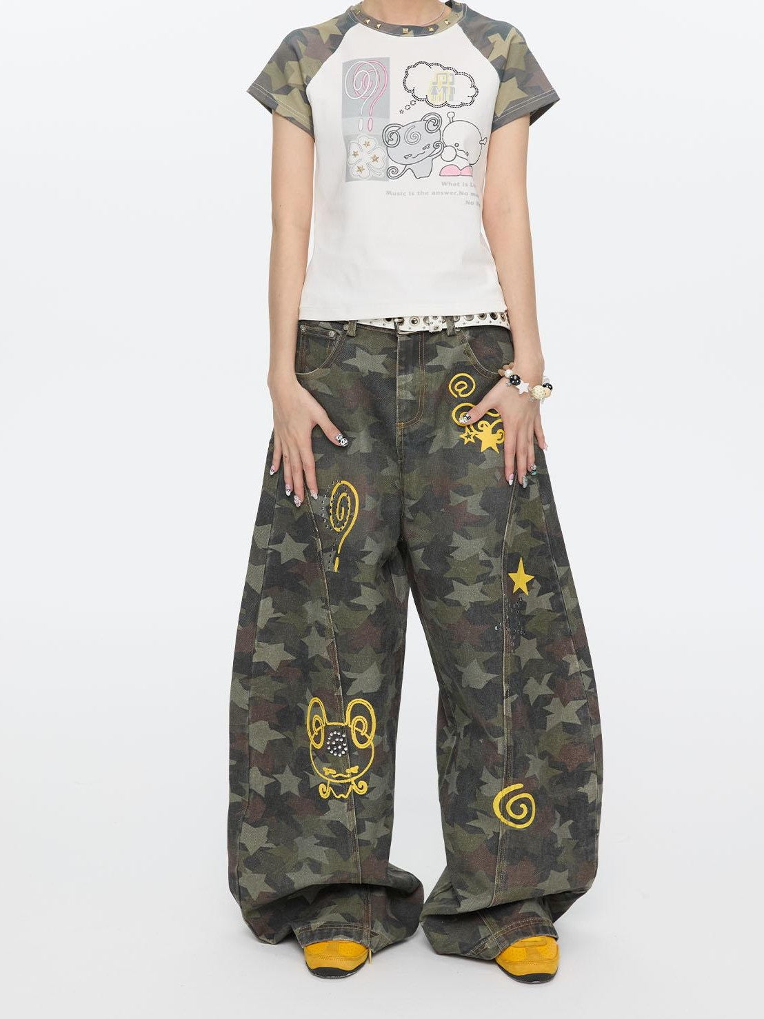 BETWEENAND Star Hotfix Rhinestone Camouflage Curved Blade Loose Women&