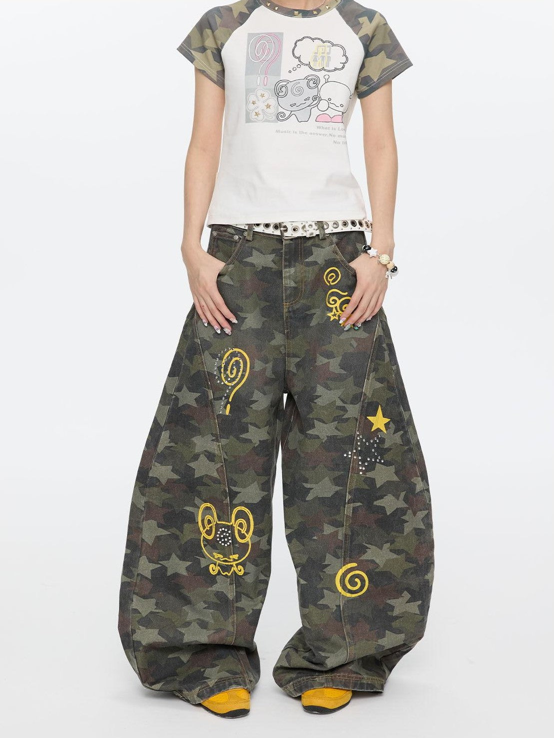BETWEENAND Star Hotfix Rhinestone Camouflage Curved Blade Loose Women&