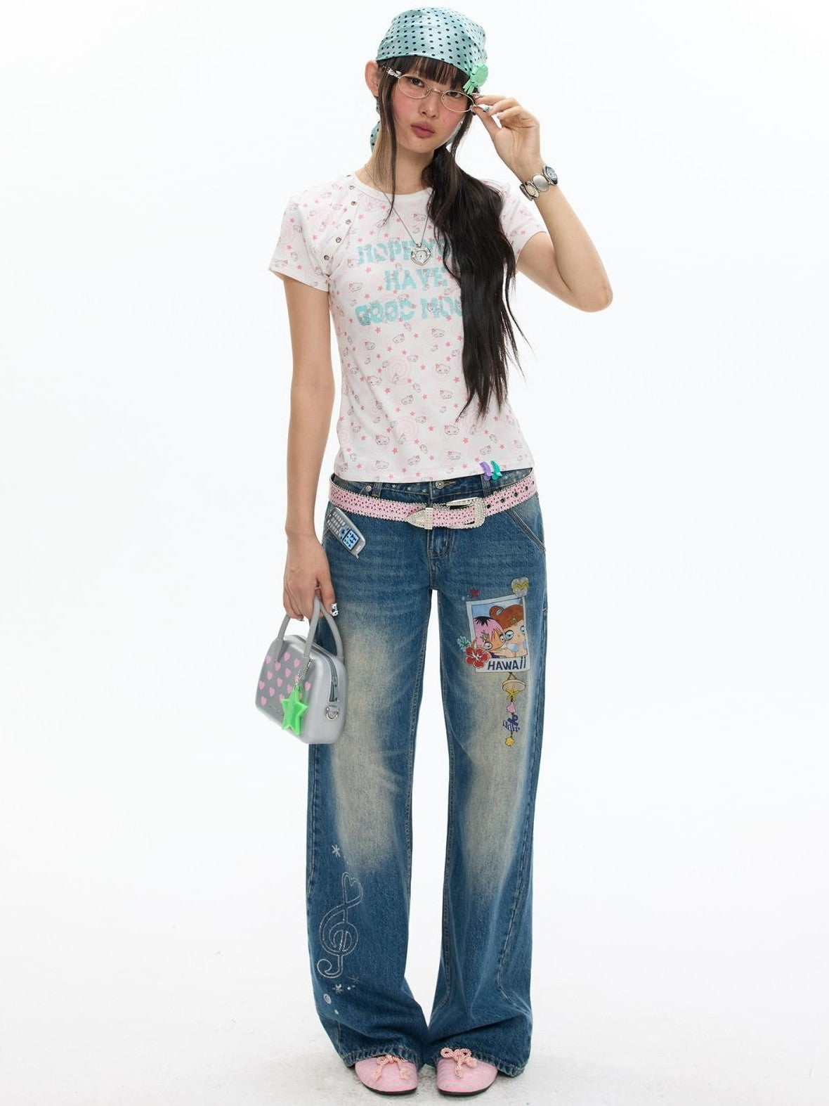 BETWEENAND Star Polka Dot Patchwork Washed Women&