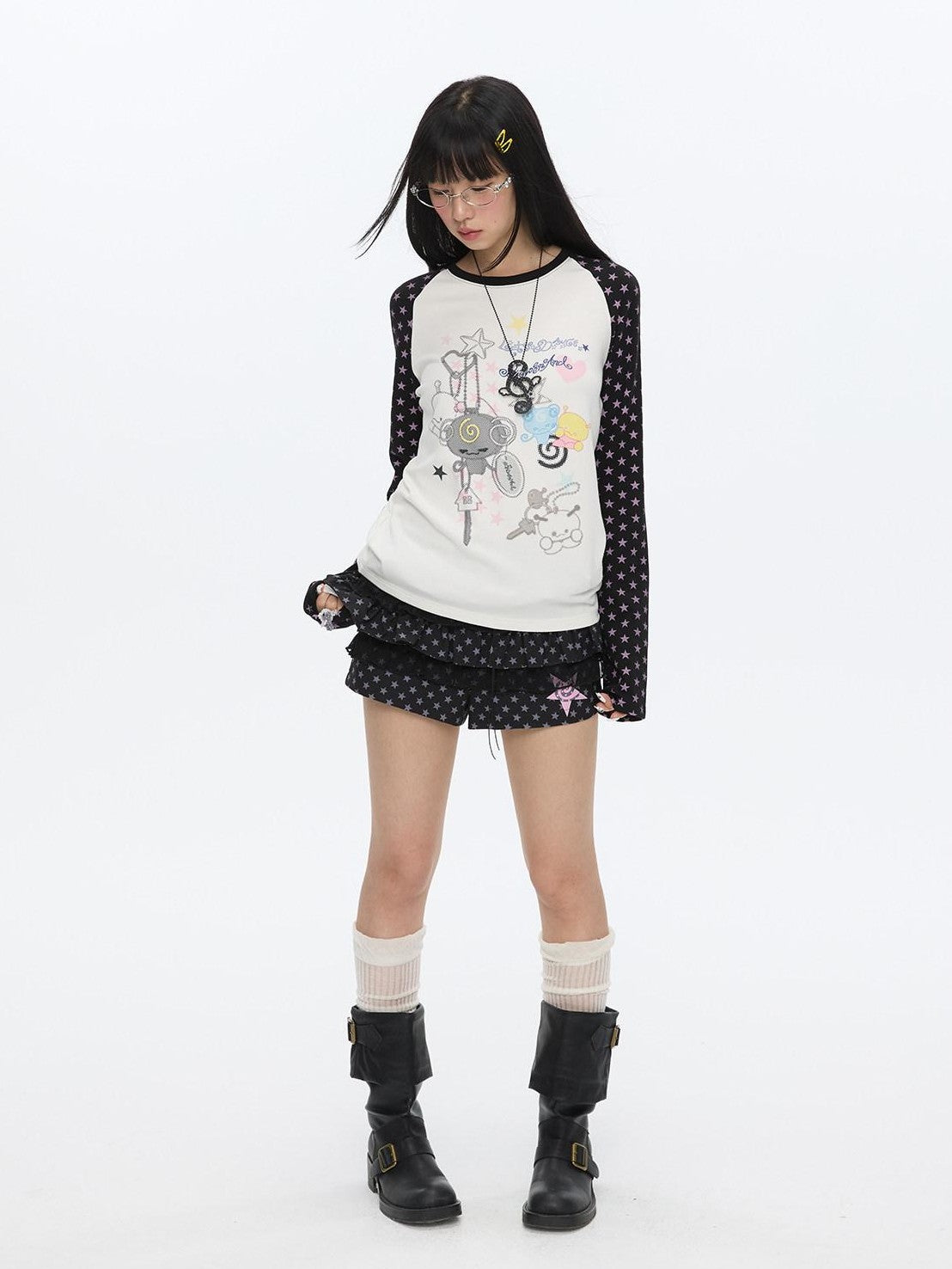 BETWEENAND Star Polka Dot Tiered Ruffle Multicolor Natural Waist Women&