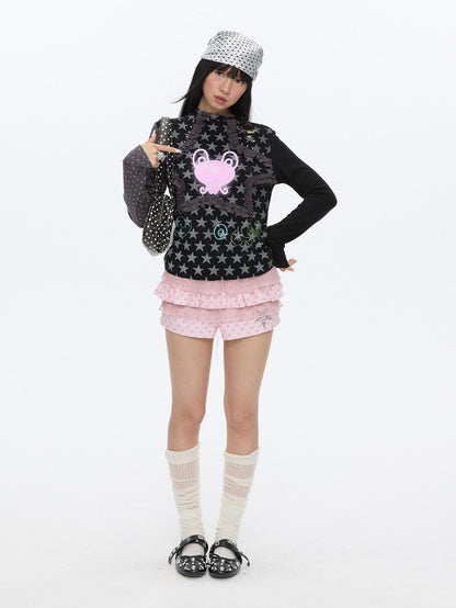 BETWEENAND Star Polka Dot Tiered Ruffle Multicolor Natural Waist Women&