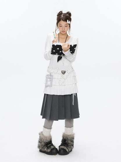 BETWEENAND Star Polka Tie Neck Spliced Ruffle Pleated Women&