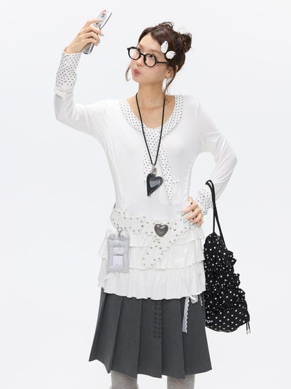 BETWEENAND Star Polka Tie Neck Spliced Ruffle Pleated Women&