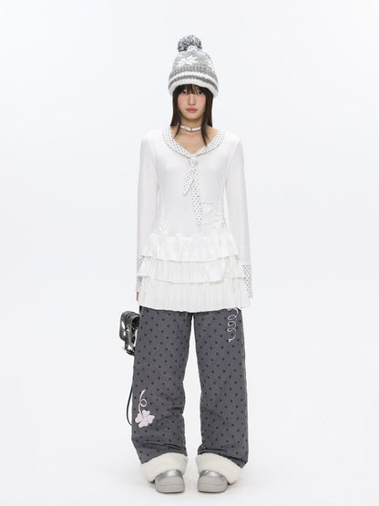 BETWEENAND Star Polka Tie Neck Spliced Ruffle Pleated Women&
