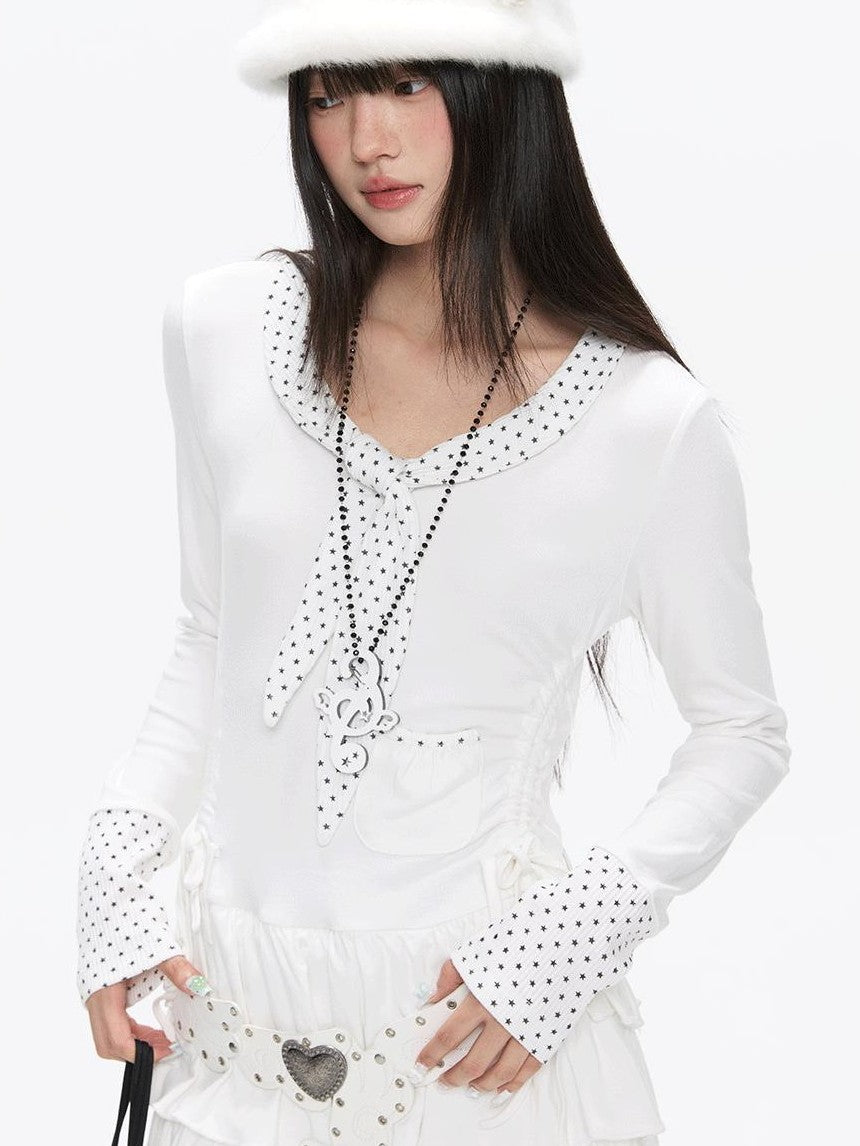 BETWEENAND Star Polka Tie Neck Spliced Ruffle Pleated Women&