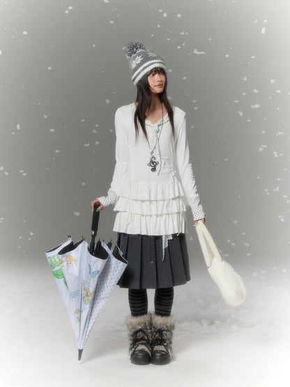 BETWEENAND Star Polka Tie Neck Spliced Ruffle Pleated Women&