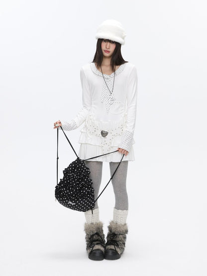 BETWEENAND Star Polka Tie Neck Spliced Ruffle Pleated Women&