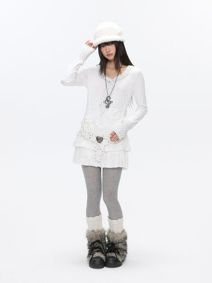 BETWEENAND Star Polka Tie Neck Spliced Ruffle Pleated Women&