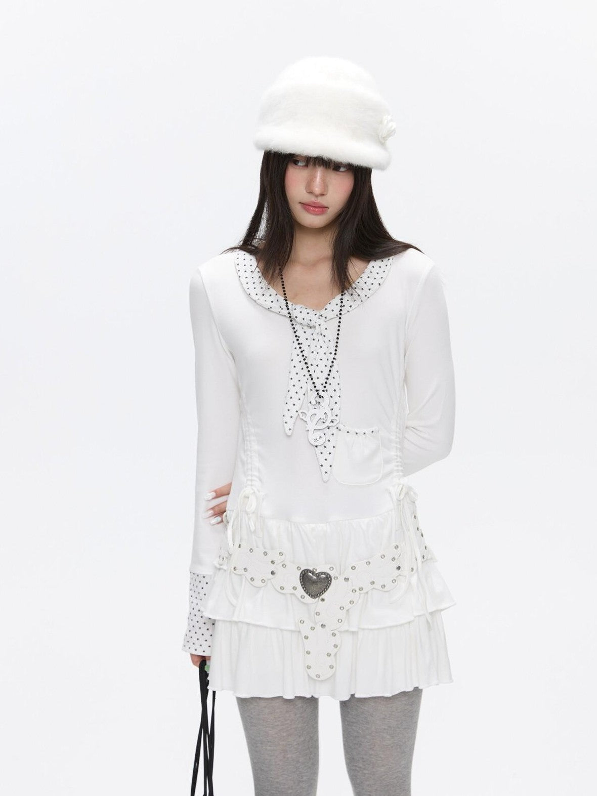 BETWEENAND Star Polka Tie Neck Spliced Ruffle Pleated Women&