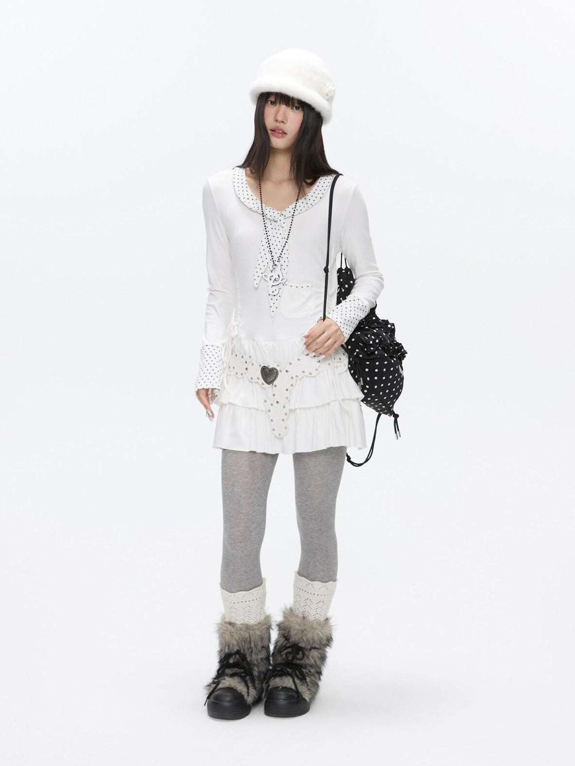 BETWEENAND Star Polka Tie Neck Spliced Ruffle Pleated Women&