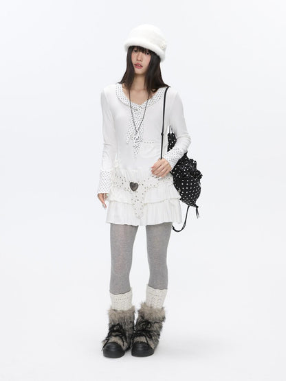 BETWEENAND Star Polka Tie Neck Spliced Ruffle Pleated Women&
