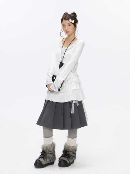 BETWEENAND Star Polka Tie Neck Spliced Ruffle Pleated Women&