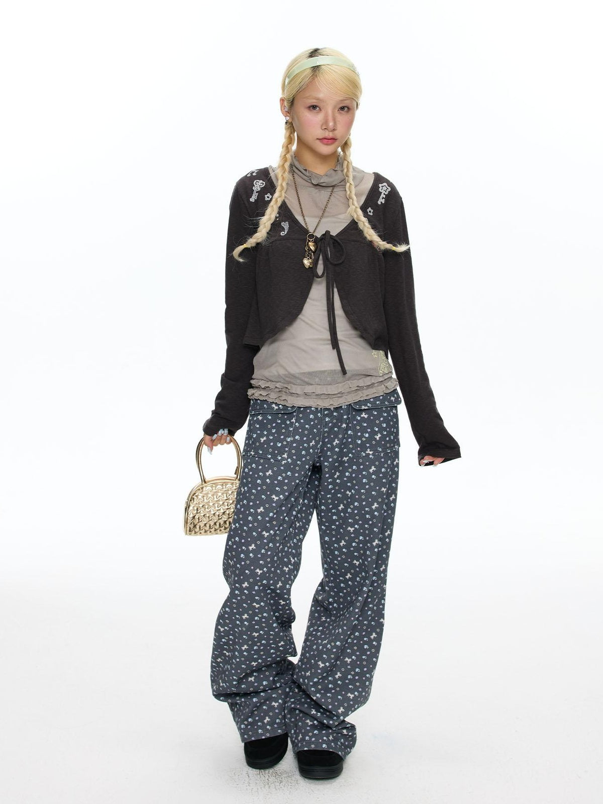 BETWEENAND Starry Blue Floral Print Wide Leg Pockets Women&