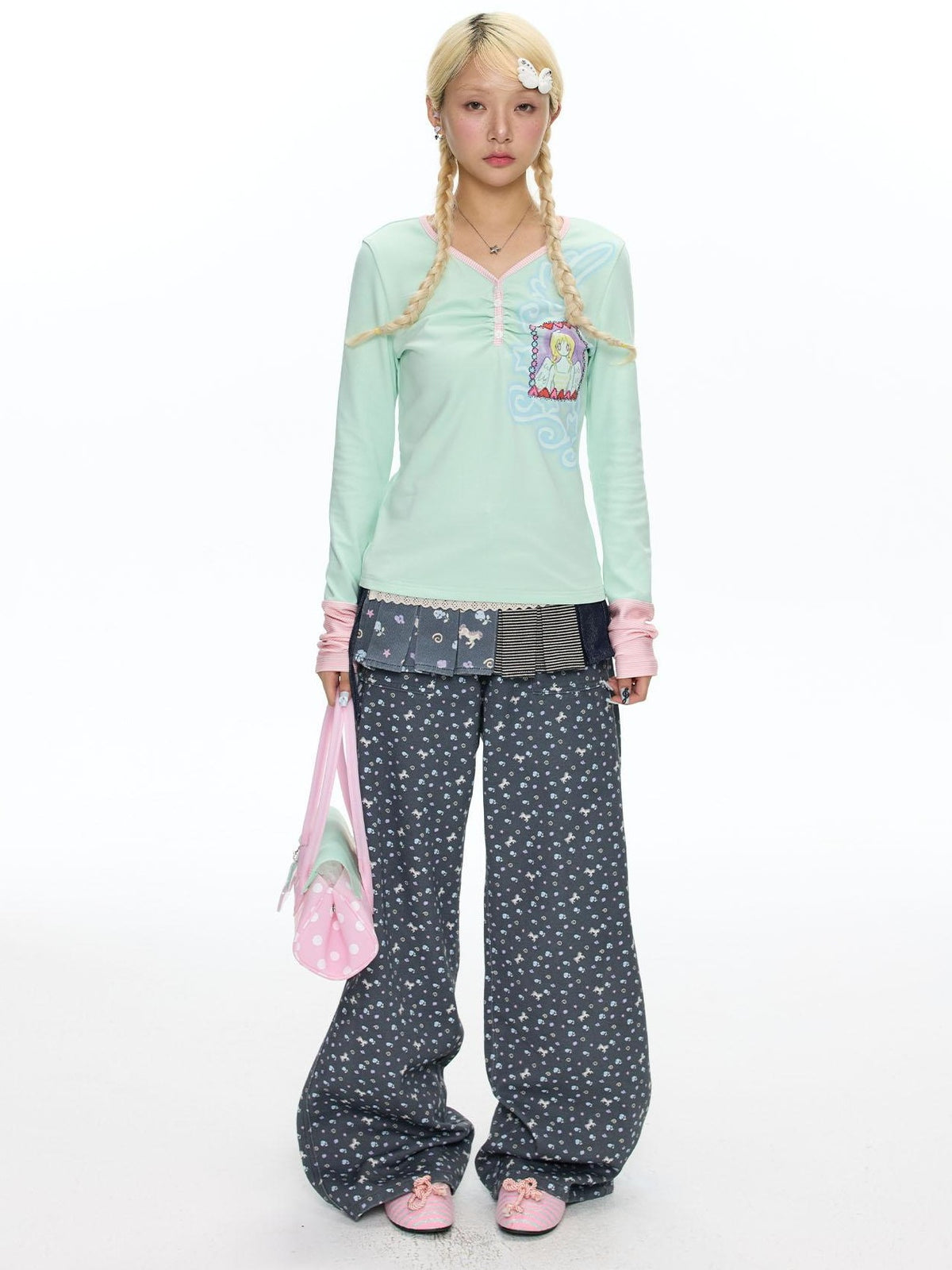BETWEENAND Starry Blue Floral Print Wide Leg Pockets Women&