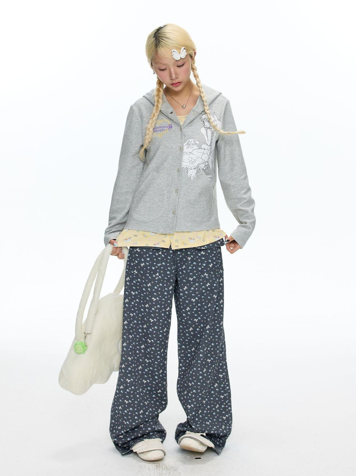 BETWEENAND Starry Blue Floral Print Wide Leg Pockets Women&