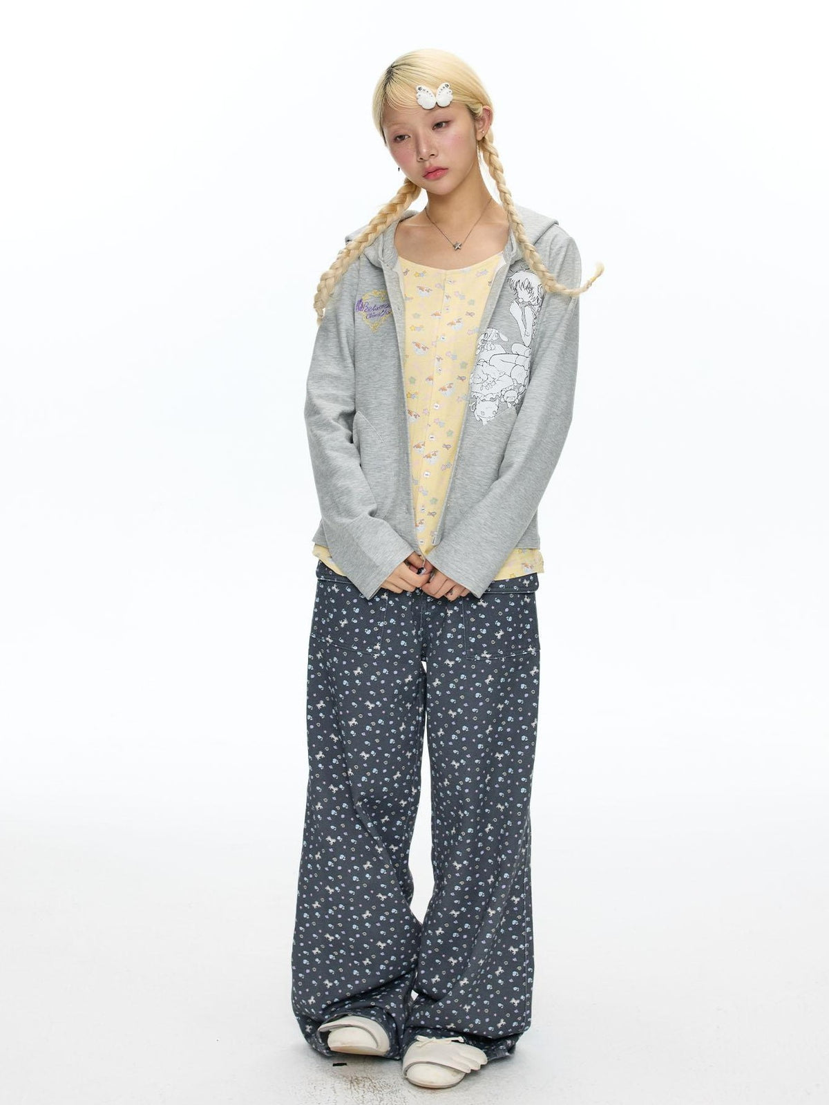 BETWEENAND Starry Blue Floral Print Wide Leg Pockets Women&