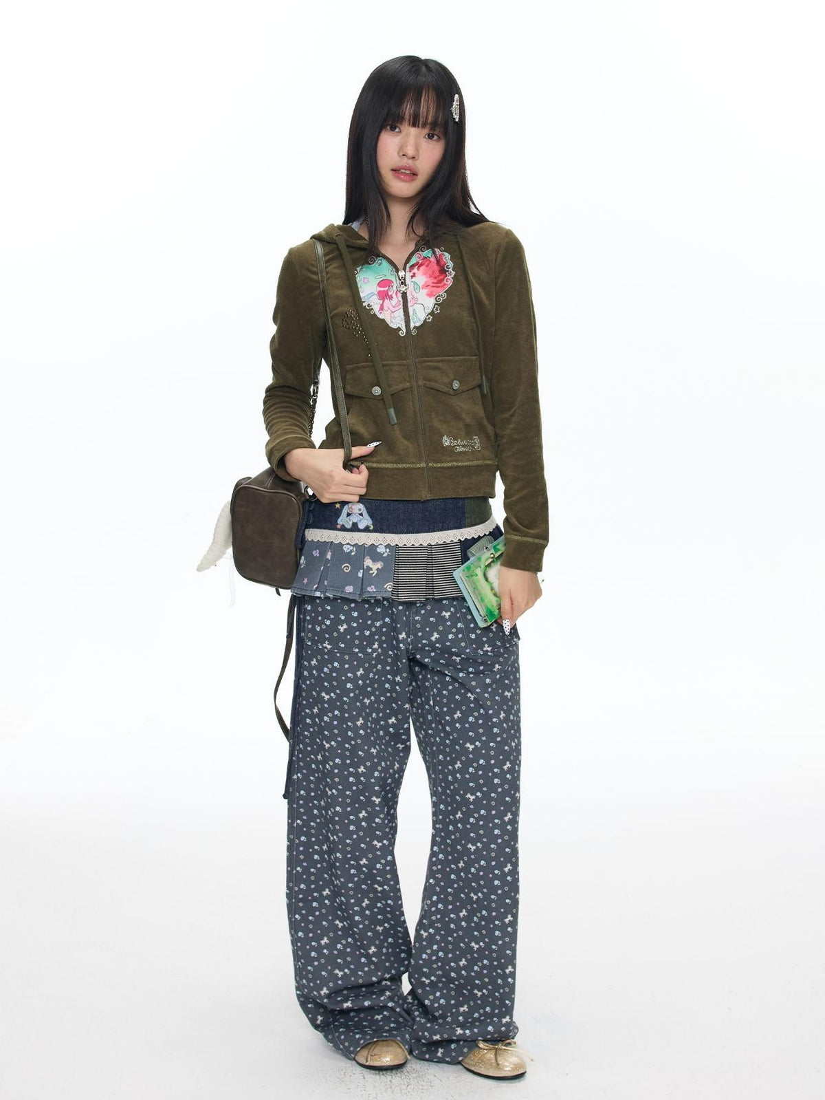BETWEENAND Starry Blue Floral Print Wide Leg Pockets Women&