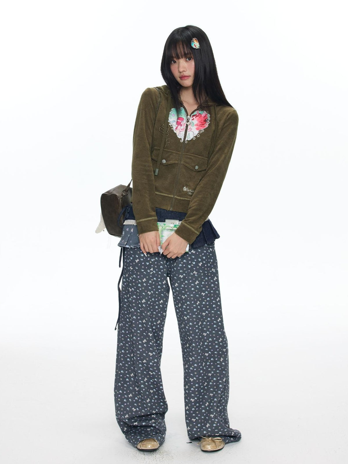 BETWEENAND Starry Blue Floral Print Wide Leg Pockets Women&