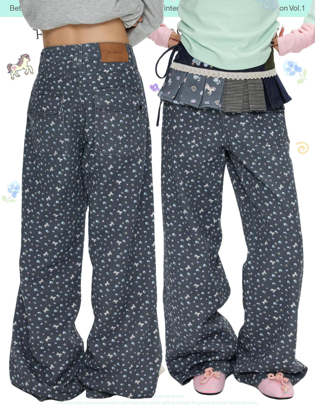 BETWEENAND Starry Blue Floral Print Wide Leg Pockets Women&