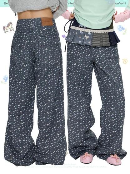 BETWEENAND Starry Blue Floral Print Wide Leg Pockets Women&