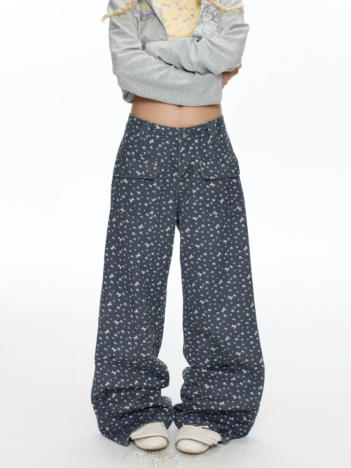 BETWEENAND Starry Blue Floral Print Wide Leg Pockets Women&