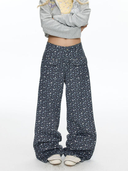 BETWEENAND Starry Blue Floral Print Wide Leg Pockets Women&