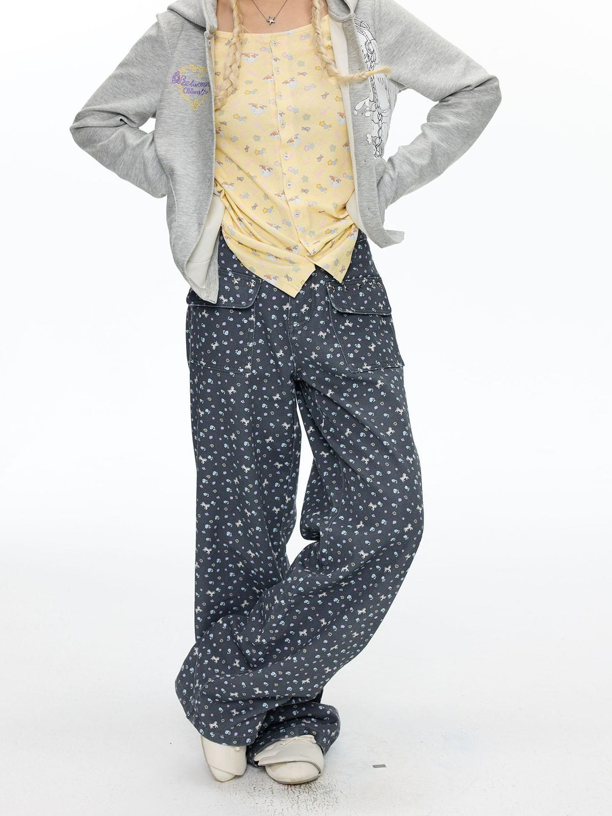 BETWEENAND Starry Blue Floral Print Wide Leg Pockets Women&