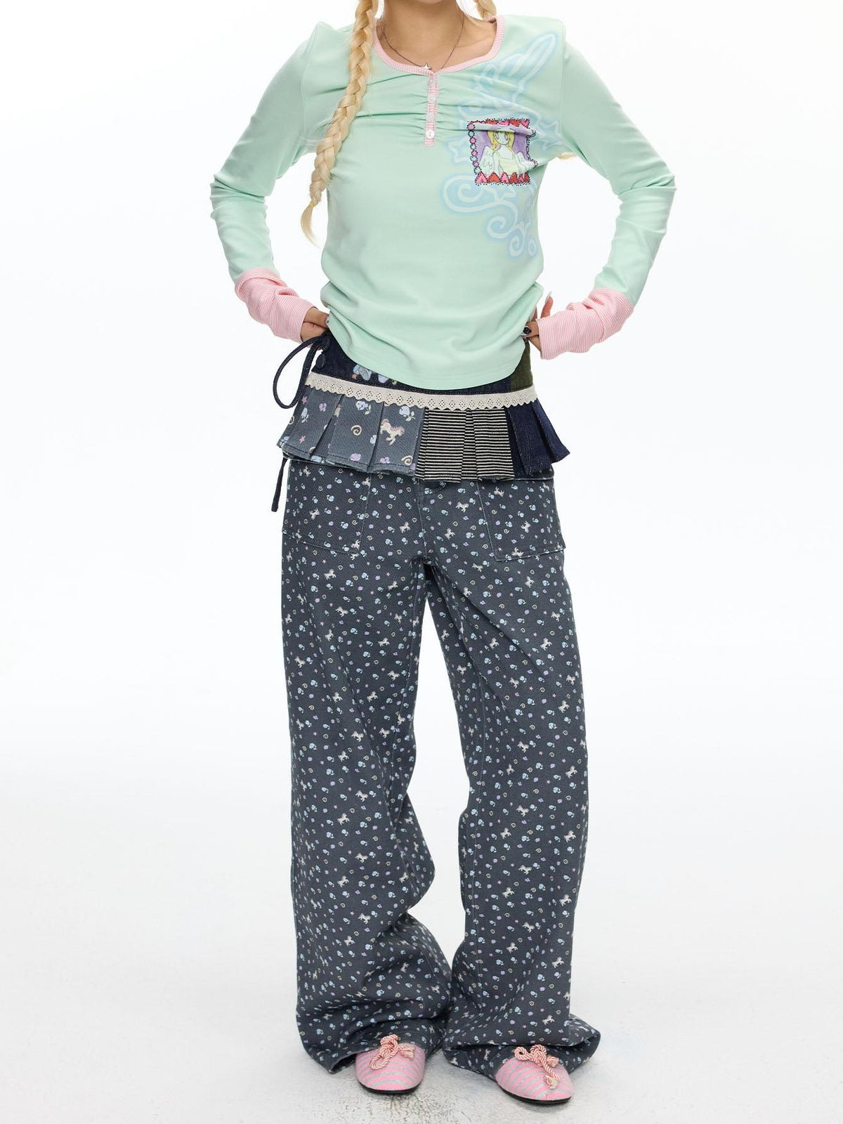 BETWEENAND Starry Blue Floral Print Wide Leg Pockets Women&