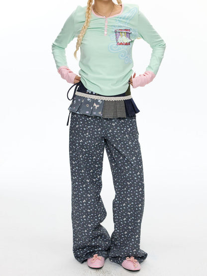 BETWEENAND Starry Blue Floral Print Wide Leg Pockets Women&