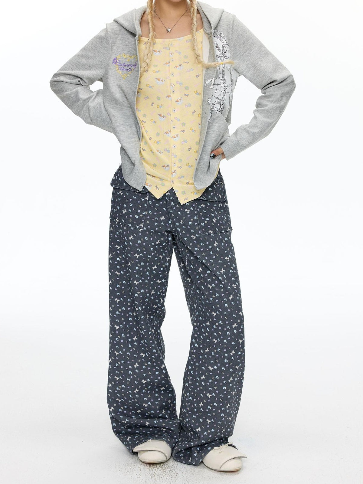 BETWEENAND Starry Blue Floral Print Wide Leg Pockets Women&