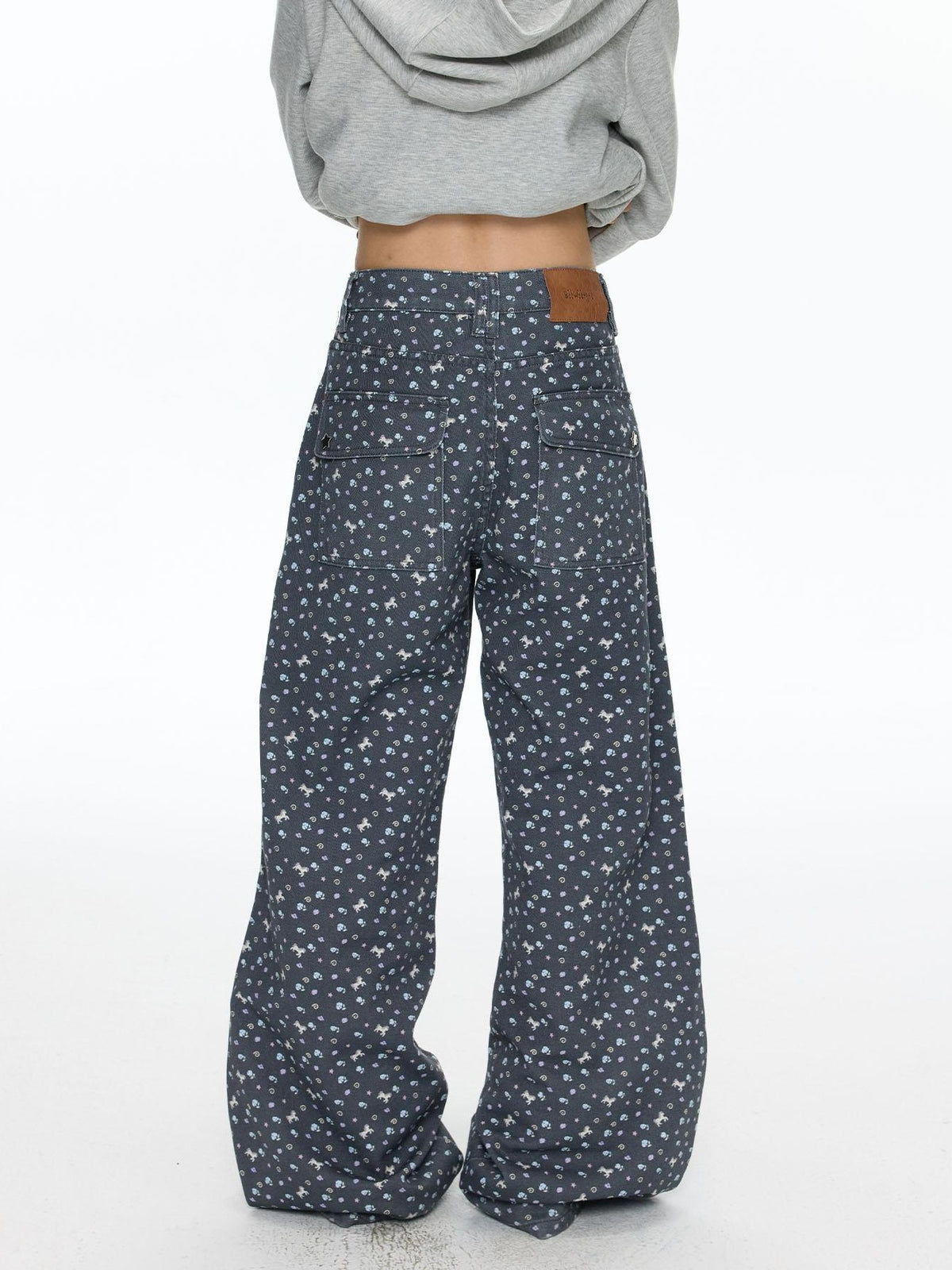 BETWEENAND Starry Blue Floral Print Wide Leg Pockets Women&