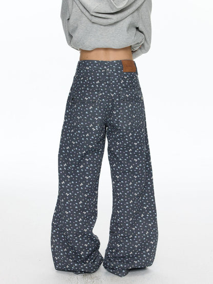 BETWEENAND Starry Blue Floral Print Wide Leg Pockets Women&