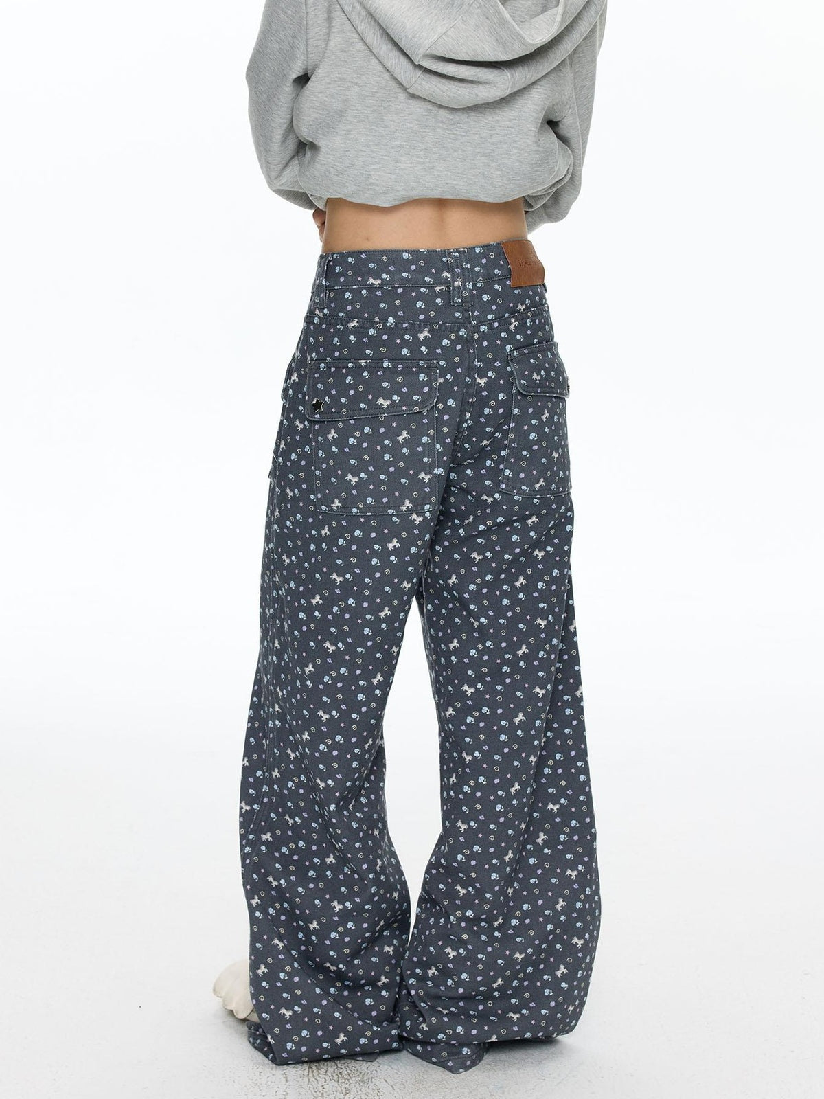 BETWEENAND Starry Blue Floral Print Wide Leg Pockets Women&