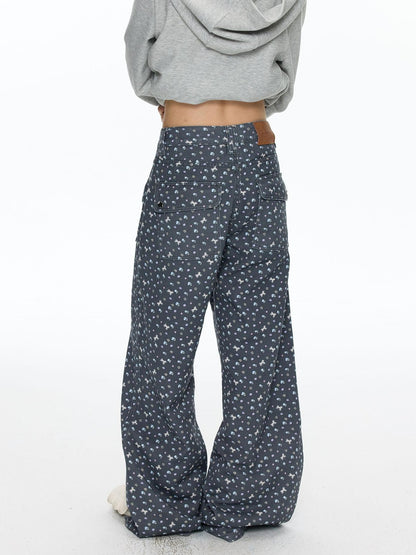 BETWEENAND Starry Blue Floral Print Wide Leg Pockets Women&
