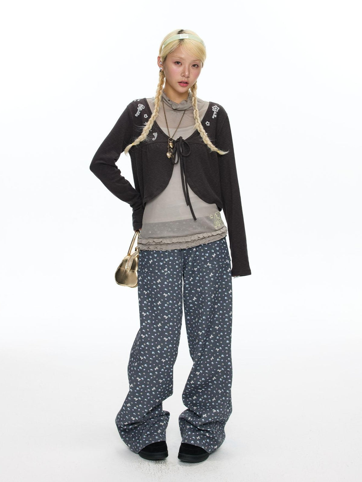 BETWEENAND Starry Blue Floral Print Wide Leg Pockets Women&