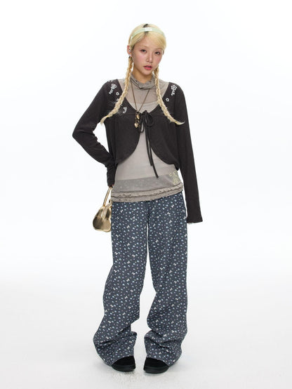 BETWEENAND Starry Blue Floral Print Wide Leg Pockets Women&