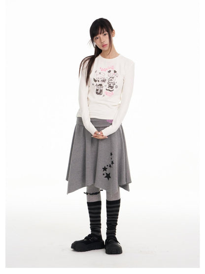 BETWEENAND Straight Cut Crew Neck Puff Print Women&