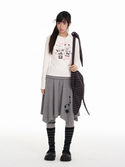 BETWEENAND Straight Cut Crew Neck Puff Print Women&