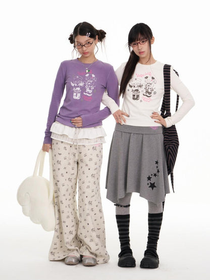 BETWEENAND Straight Cut Crew Neck Puff Print Women&