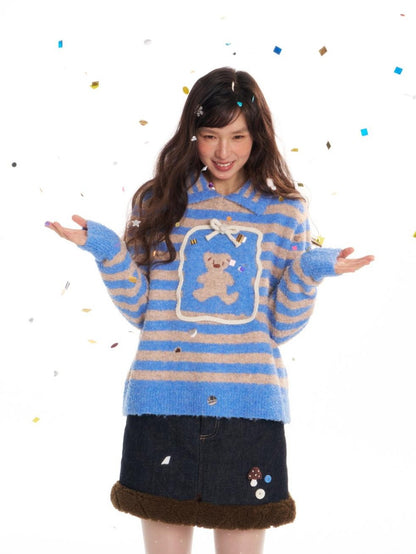 BETWEENAND Striped Bear Polo Colorblock Women&