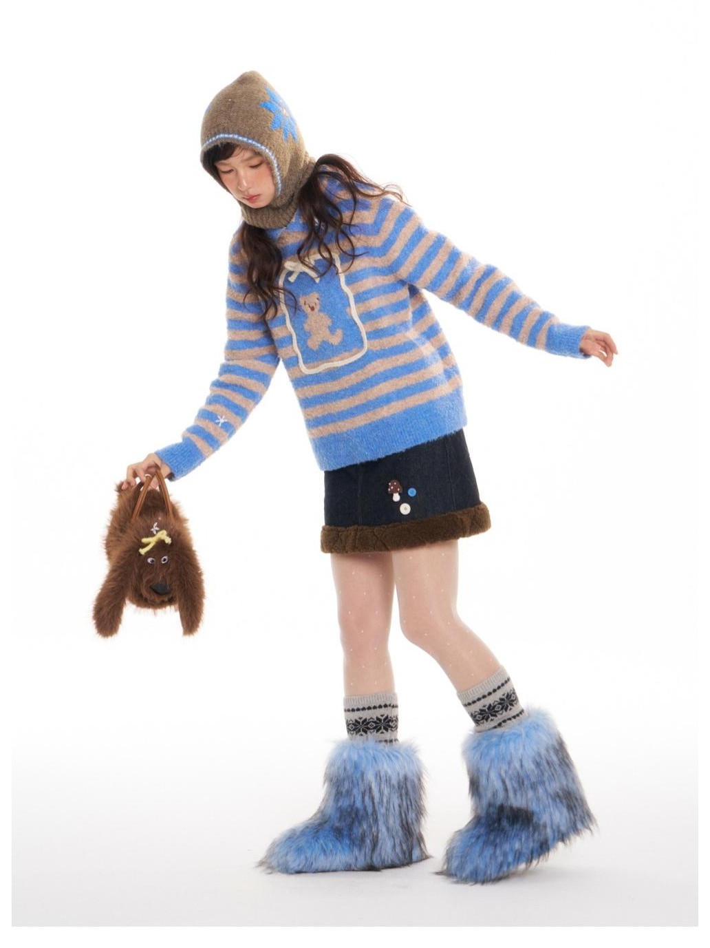 BETWEENAND Striped Bear Polo Colorblock Women&