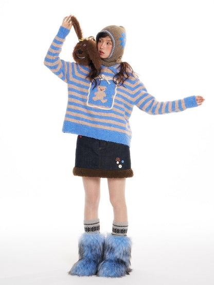 BETWEENAND Striped Bear Polo Colorblock Women&