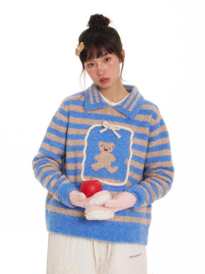 BETWEENAND Striped Bear Polo Colorblock Women&