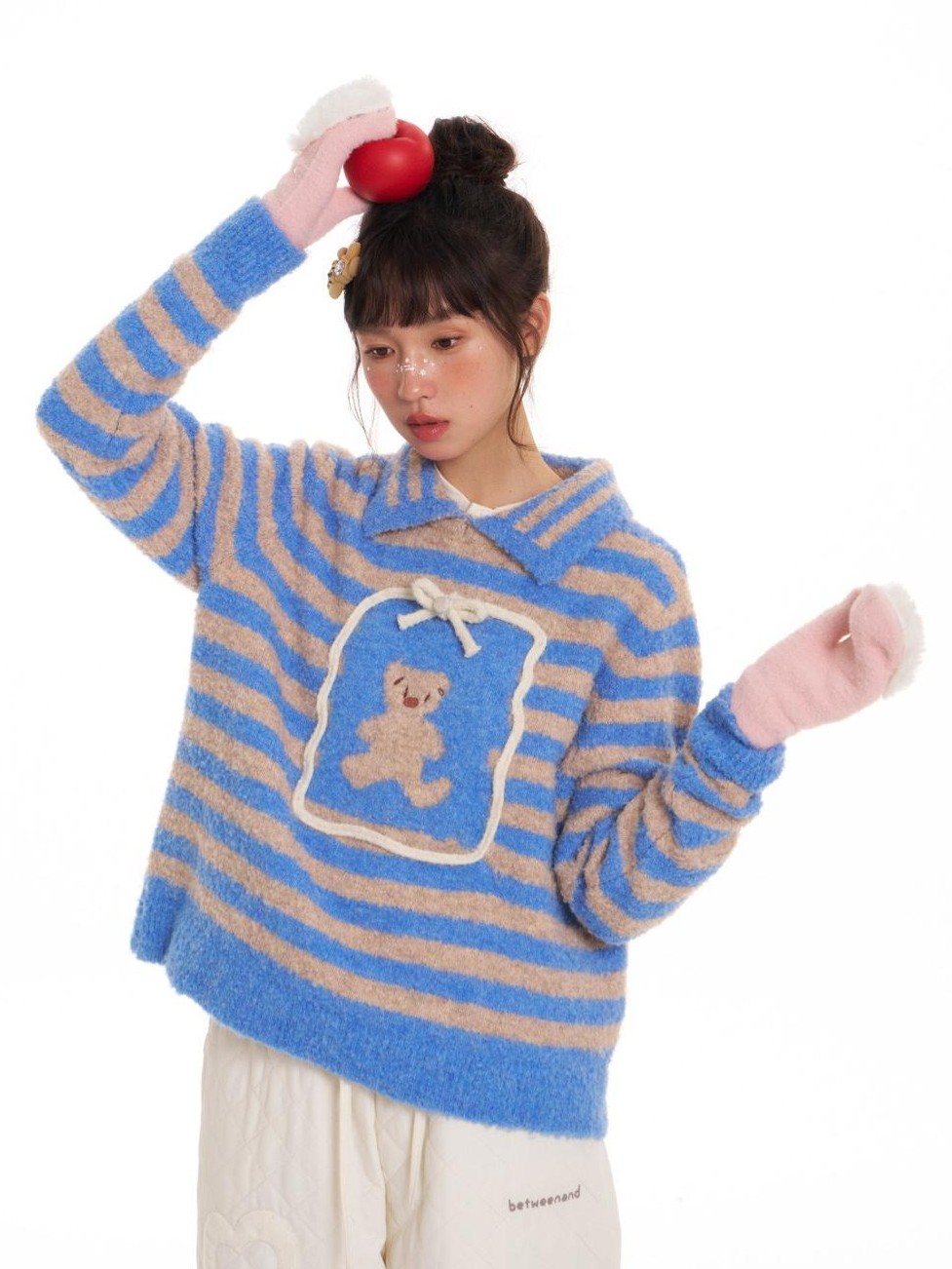 BETWEENAND Striped Bear Polo Colorblock Women&