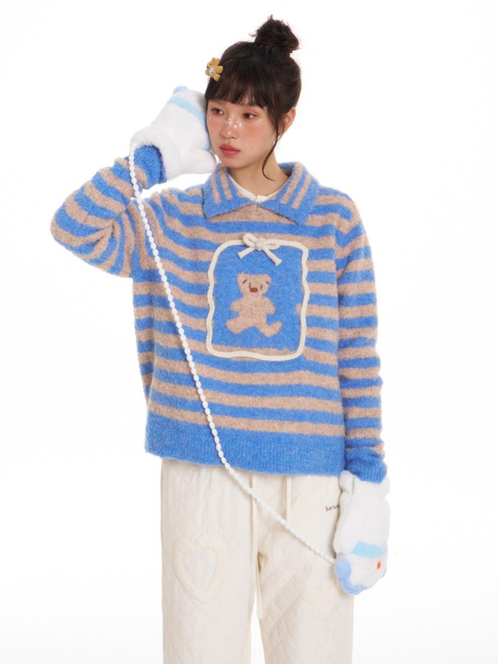 BETWEENAND Striped Bear Polo Colorblock Women&