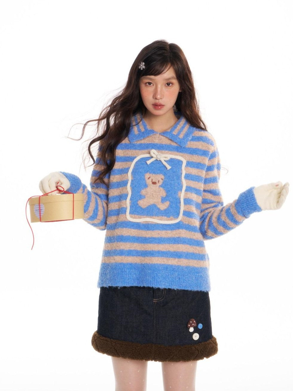 BETWEENAND Striped Bear Polo Colorblock Women&