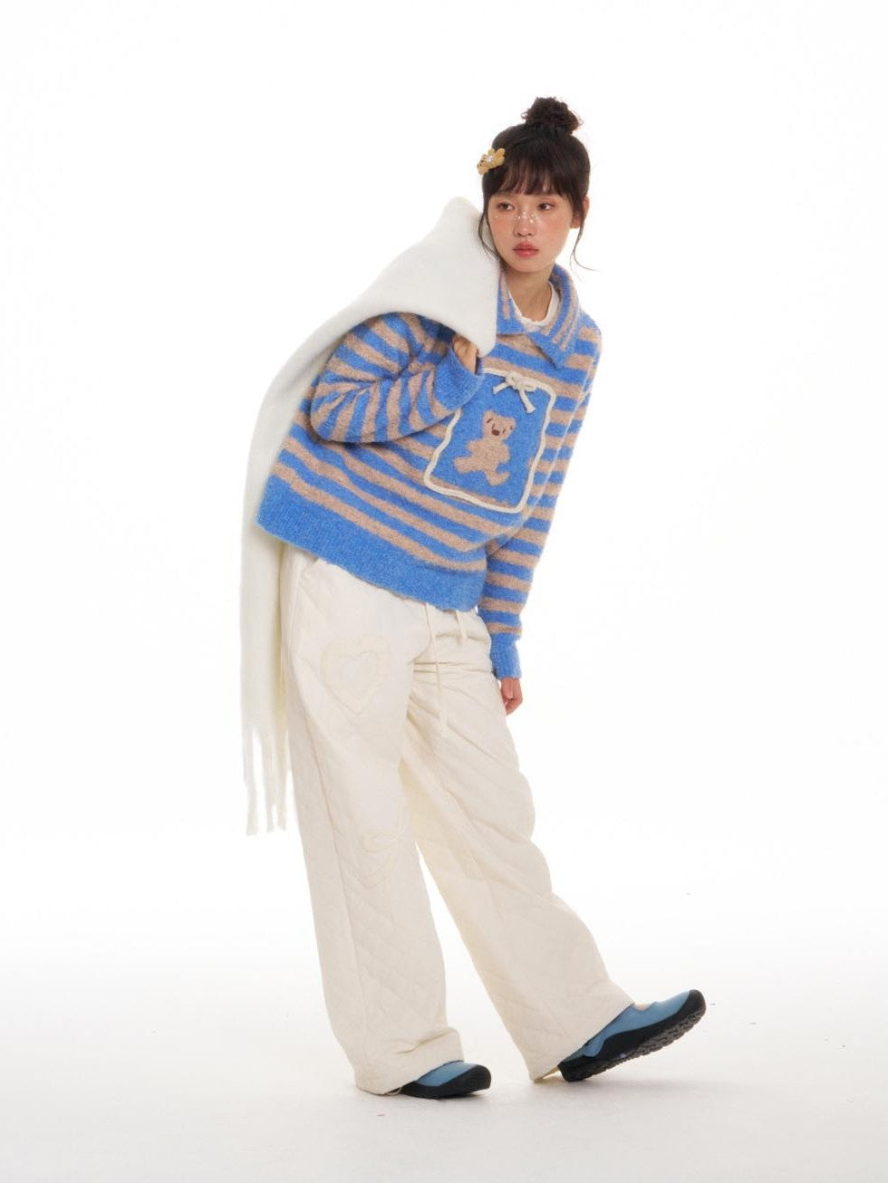 BETWEENAND Striped Bear Polo Colorblock Women&