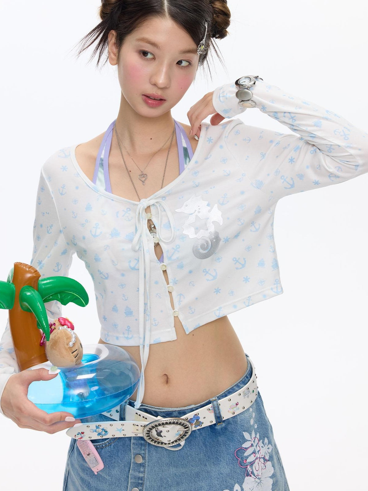 BETWEENAND Striped Print Tie Front Long Sleeve Lyocell Women&