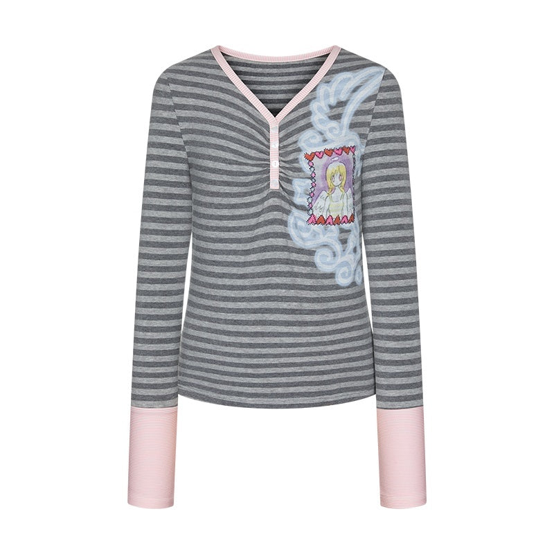 BETWEENAND_Striped_Splice_Print_Hotfix_V-neck_Women&